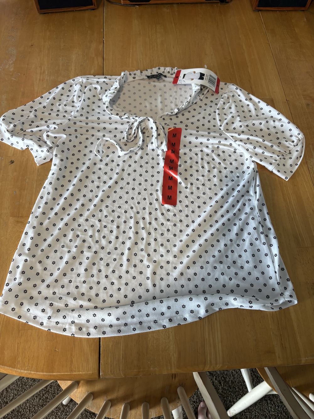 Adrianna Papell Women's White Polka Dot V-Neck Tie Knit Blouse Top Size M New